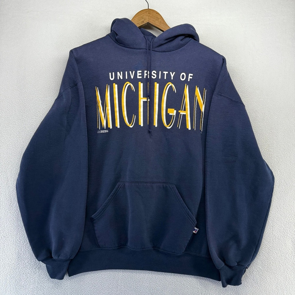 Vintage Michigan Wolverines Hoodie Men's XL Blue Russell Athletic USA made 90s